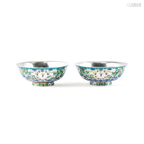 A PAIR OF ENAMELLED SILVER BOWLS