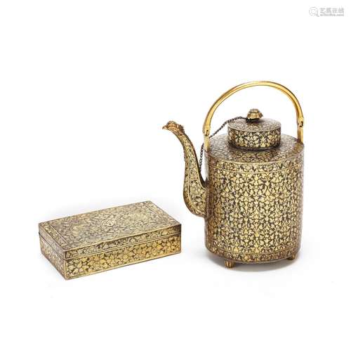 A GILDED SILVER NIELLO TEAPOT AND COVER AND A HINGED BOX AND...