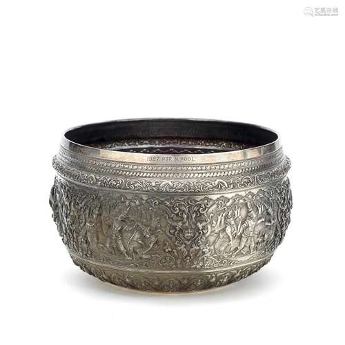 A BURMESE SILVER REPOUSSÉ BOWL