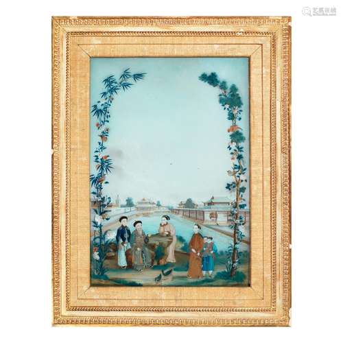 A REVERSE GLASS PAINTING OF OFFICIALS AND LADIES