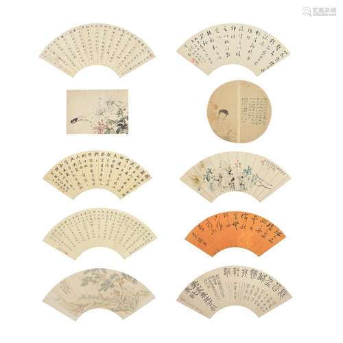 A GROUP OF TEN FAN PAINTINGS AND CALLIGRAPHY LEAVES