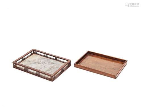 A HUANGHUALI TRAY AND A MARBLE-INSET HONGMU RECTANGULAR TRAY