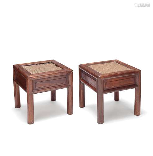 A PAIR OF HUANGHUALI CORNER-LEG STOOLS WITH DRAWERS, FANGDEN...