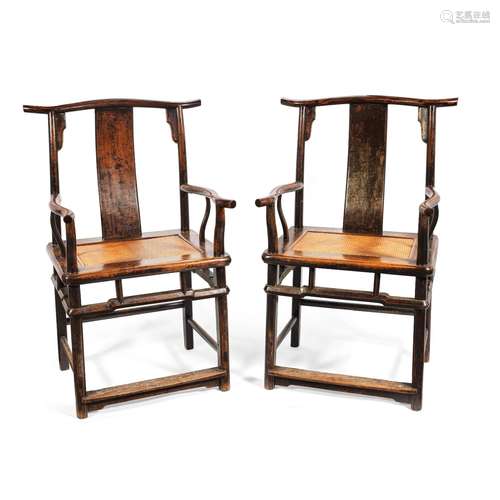 A PAIR OF HARDWOOD 'OFFICIAL'S HAT' ARMCHAIRS