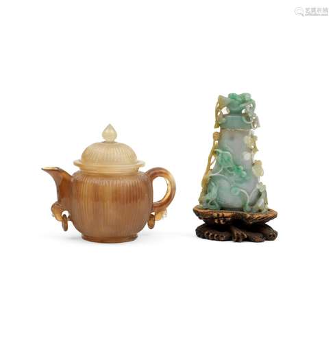 A CARVED JADEITE VASE AND COVER AND AN AGATE TEAPOT AND COVE...