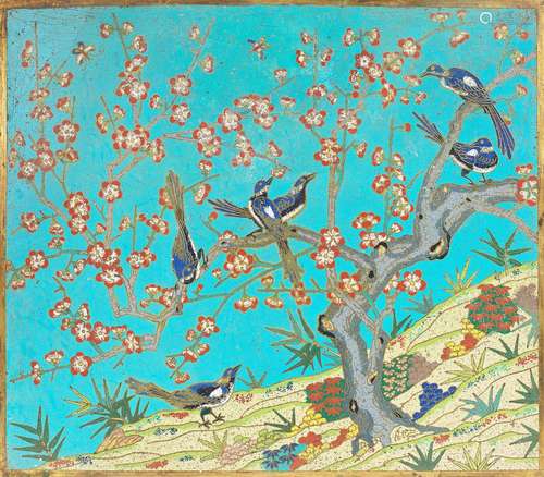 A FINE CLOISONNÉ ENAMEL 'MAGPIES AND PRUNUS' RECTANGULA...