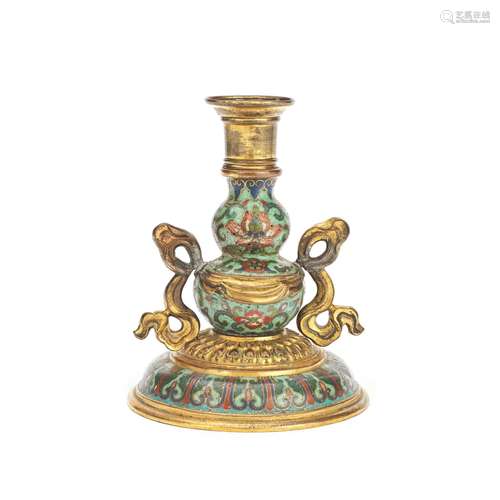 A CLOISONNÉ-ENAMEL AND GILT-BRONZE CANDLESTICK