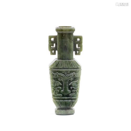 A SPINACH GREEN JADE ARCHAISTIC VASE