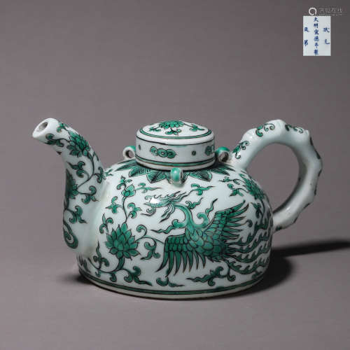绿釉粉彩凤鸟纹茶壶