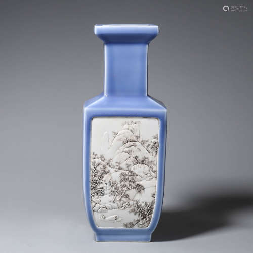 旧藏天青釉雕瓷山水图方瓶
