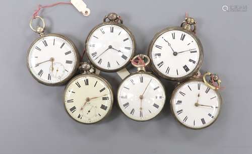 Six assorted 19th century silver keyless verge pocket watche...