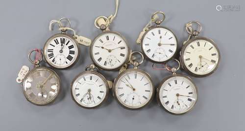 Six assorted 19th century silver keyless verge pocket watche...