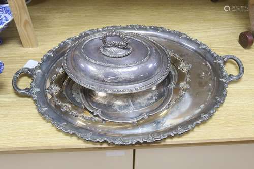 A plated two-handled large oval tray, another oval tray, an ...