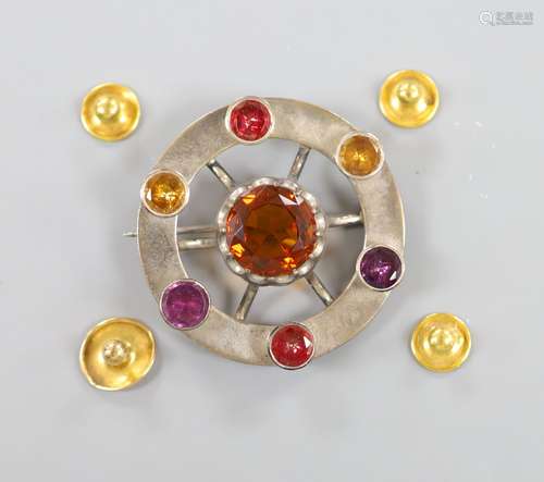 A Scottish? white metal and gem set brooch, 50mm and four ye...