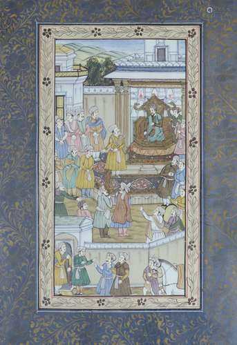 Moghul School, gouache, figures in a courtyard, overall 32 x...