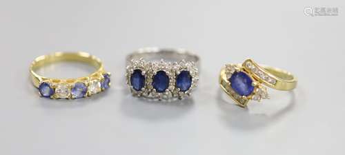 A modern 7560 white metal, sapphire and diamond set triple c...