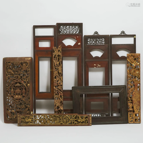 A Group of Nine Chinese Wood Temple Carvings and