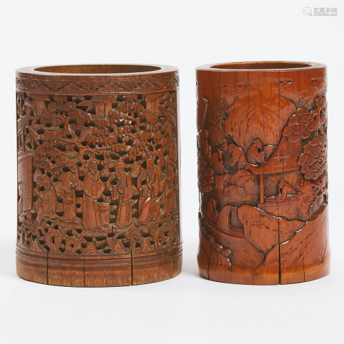 Two Carved Bamboo Brush Pots, ????????, height 6.2 in —