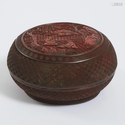 A Carved Cinnabar Lacquer Circular Box and Cover, Late