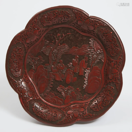 A Carved Cinnabar Lacquer Lobed Dish, Qing Dynasty,