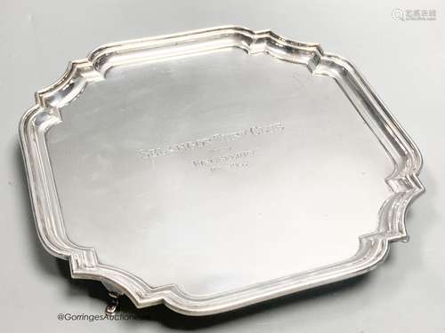 A square silver waiter with piecrust border, inscribed, Birm...