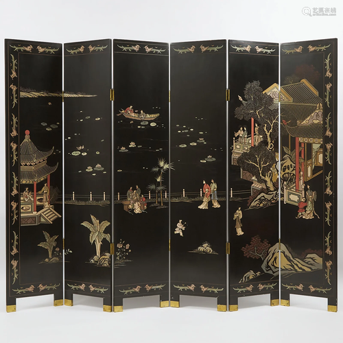 A Chinese Six-Panel 'Palace Courtyard' Screen, 20th