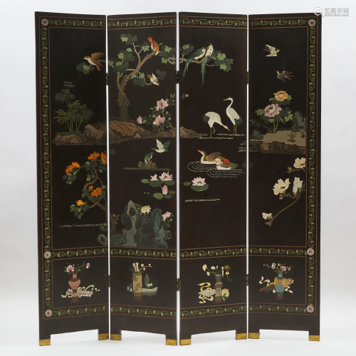 A Chinese Four-Panel 'Lotus Pond' Screen, 20th Century,