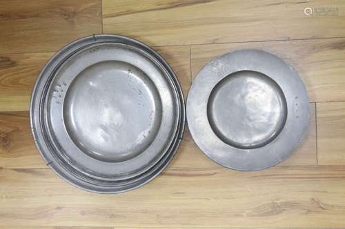 Five English pewter chargers or dishes, 17th/18th centuryInc...