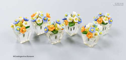 A boxed set of six Czechoslovakian glass flower menu holders...