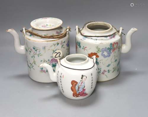 Three 19th century Chinese famille rose teapots, tallest 14c...