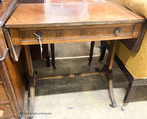 A 1920's reproduction mahogany sofa table, W.74cm H.47cm H.7...