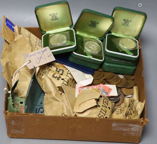 Six Elizabeth II 1972 sterling silver crowns and a quantity ...