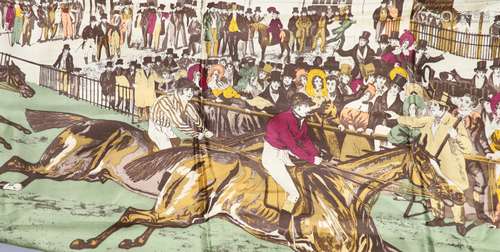 A Liberty silk scarf with a printed horse racing scene, with...