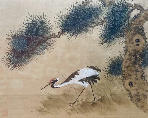 A Chinese watercolour on silk depicting a crane beneath a pi...