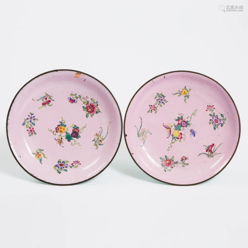 A Pair of Painted Enamel Pink-Ground Dishes, Qianlong