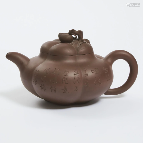 A Yixing Lobed Teapot, Signed Wang Baogen (1902-1954),