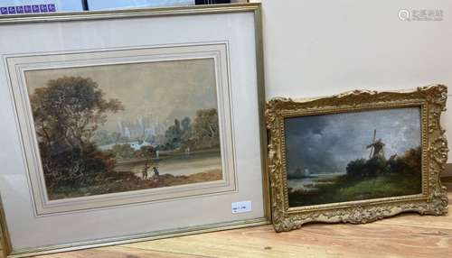 A* Schirmer, River landscape with mill, signed, oil on board...