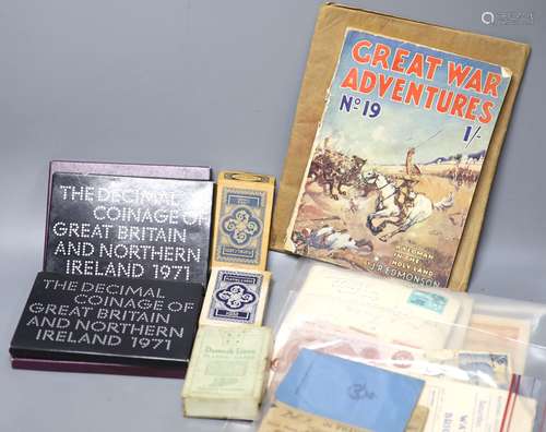 A collection of stamps, coins, banknotes, football programme...