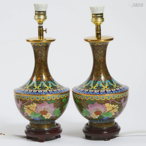 A Pair of Chinese Cloisonné Vase Lamps, Early 20th