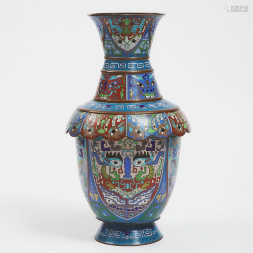 A Blue Ground Cloisonné 'Taotie' Vase, 20th Century,
