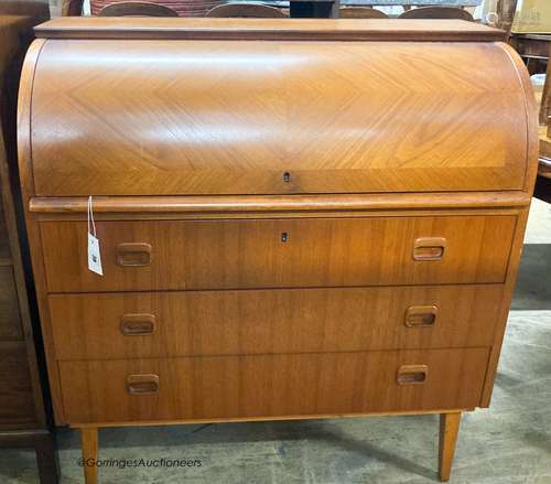 A mid century design teak cylinder bureau, width 90cm, depth...