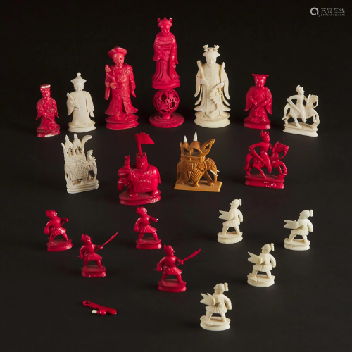 A Group of Eighteen Chinese Export Ivory Chess Pieces,