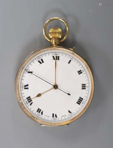 A 1920's 9ct gold open face chronograph keyless pocket watch...