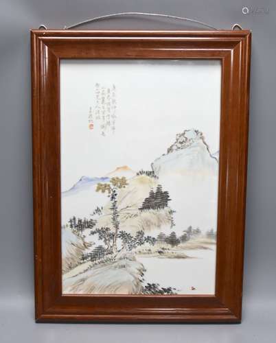 A Chinese porcelain plaque, landscape design with script, 37...