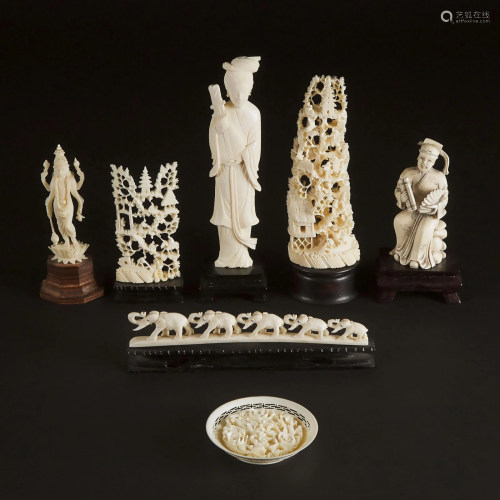 A Group of Five Chinese Ivory Carvings, Together With