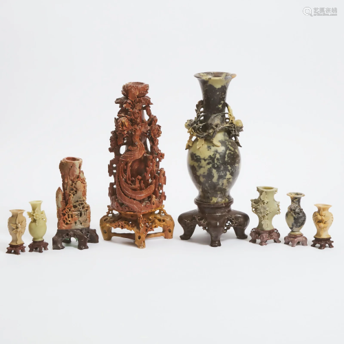 A Group of Eight Chinese Soapstone Carvings, Mid 20th