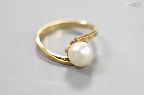 A modern 18k and cultured pearl set ring, size L, gross 2.4 ...