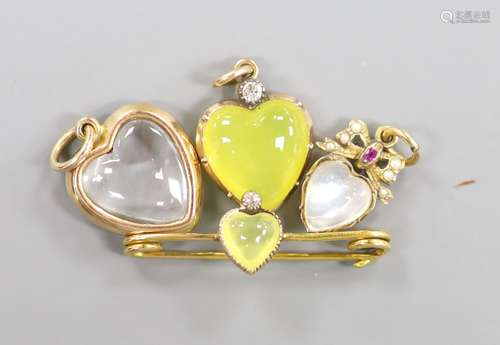 A yellow metal green chalcedony? and diamond set heart bar b...