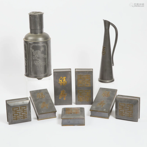 A Group of Nine Chinese Pewter Items, Late