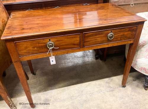 A George III mahogany two drawer side table, W.96cm D.53cm H...